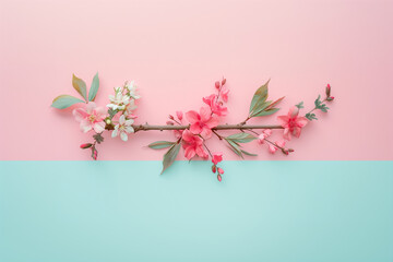 Branch with  pastel flowers, flat lay, copy space 