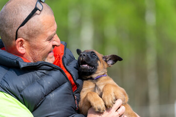 A man holds a Belgian Shepherd Malinois puppy in his arms