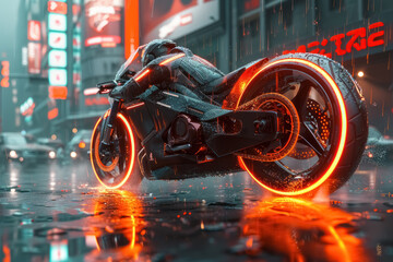 futuristic motorcycle with glowing wheels in a rainy urban environment