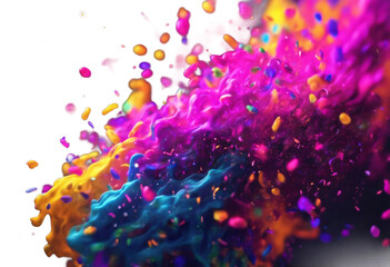 background. Glowing liquid particles dark flow dynamic Fluo confetti colorful fluid Trendy design shattered atom pulverize particle shimmer glittering pattern graphic closeup cosmic s - obrazy, fototapety, plakaty