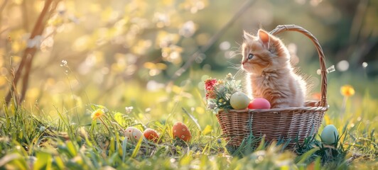 Basket with coloured eggs and cat on the Green Spring Meadow on green grass nature. Spring background