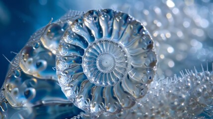 A closeup view of a single diatom shell resembling a delicate and ornate glass house with mesmerizing patterns and ridges spiraling