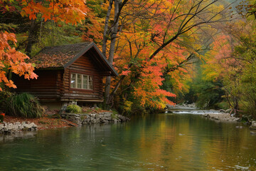 Fototapeta na wymiar A serene autumn scene with a rustic cabin nestled among colorful trees beside a tranquil river.