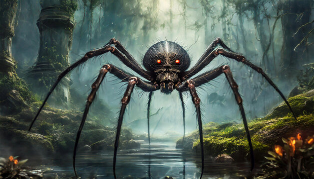 Ominous creepy giant spider scene in the dark woods.