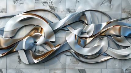 A sleek decorative wall featuring interlocking abstract elements and metallic accents, captured perfectly in