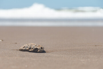 Selective focus of a stone on the sand on the beach with the sea in the background.