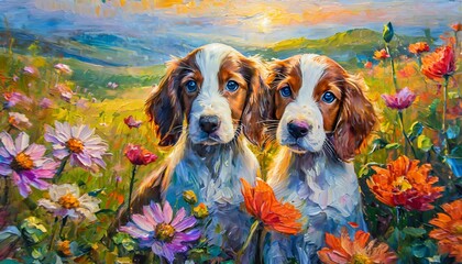 Colorful abstract oil acrylic painting Pair of puppies amidst flowers, pallet knife on canvas - obrazy, fototapety, plakaty