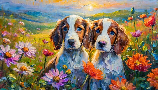 Colorful abstract oil acrylic painting Pair of puppies amidst flowers, pallet knife on canvas
