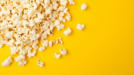Fresh white popcorn spread out over a bold yellow surface