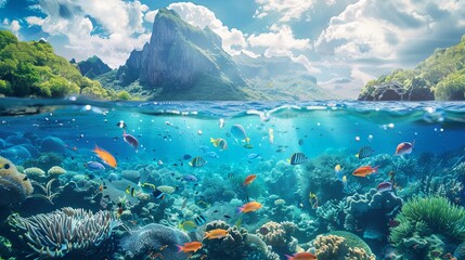 A beautiful mountain and clouds view from the ocean includes an underwater world populated with fish - obrazy, fototapety, plakaty