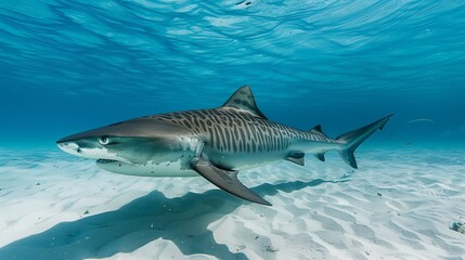 A full-body shot of a Tiger Shark in clear blue water showcases its distinctive stripes against a...