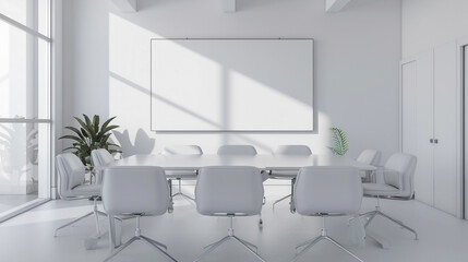 A minimalist conference room with sleek furnishings, accented by an empty white frame on the wall for customizable decor options