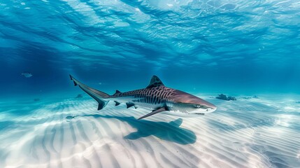 A full-body shot of a Tiger Shark in clear blue water showcases its distinctive stripes against a...