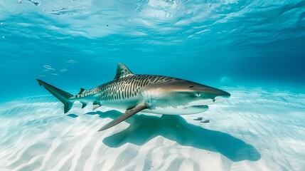 A full-body shot of a Tiger Shark in clear blue water showcases its distinctive stripes against a white sandy bottom in the Bahamas