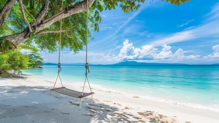 A tranquil tropical beach backdrop features a beach swing or hammock, white sand, and a serene sea, ideal for relaxation and summer holidays. Bahamas