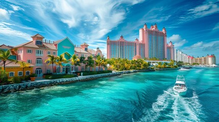 A vibrant scene in Nassau, Bahamas, captures a speedboat, the ocean, colorful residences, and a hotel under the summer sun - obrazy, fototapety, plakaty