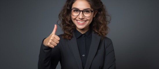 A young woman with a cheerful smile wearing a formal business suit and glasses, confidently showing a thumbs up gesture