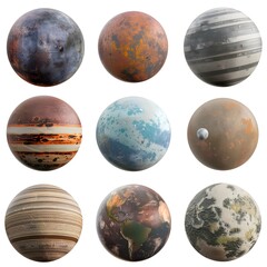 Set of realistic planets on white background, portraying a variety of celestial bodies in our universe. - obrazy, fototapety, plakaty