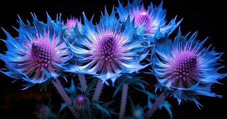A closeup of bioluminescent thistle flowers