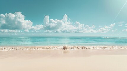 An empty tropical beach background features a horizon line where sky meets white sand. Caribbean. Bahamas