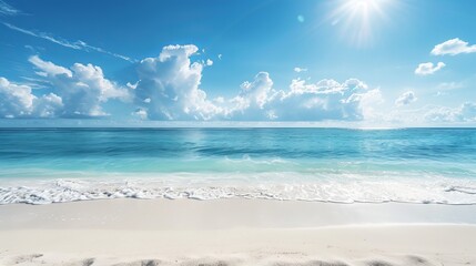 An empty tropical beach background features a horizon line where sky meets white sand. Caribbean. Bahamas