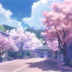 Spring scene with cherry blossoms and school anime-inspired illustration, showcasing the beauty of the season and the charm of the school setting.