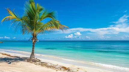 Banana Bay Beach in Freeport, Grand Bahama, Bahamas, presents a scenic view of Caribbean beaches with white sand coastlines and deep blue seas - obrazy, fototapety, plakaty