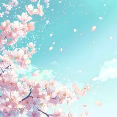 Illustration of sakura petals falling against a clear blue sky, symbolizing the essence of spring in Japan.