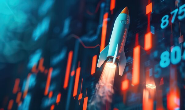 Financial growth concept with rocket ship taking off upwards and arrows