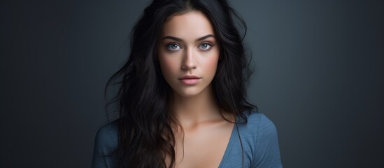 Naklejka premium Close up of a woman showcasing her long flowing hair and captivating blue eyes