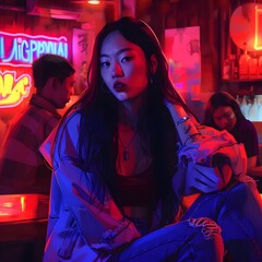 An illustration of a confident Asian woman in a casual setting of a karaoke bar or cabaret club. - obrazy, fototapety, plakaty