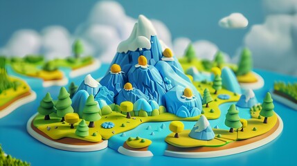 "Isolated 3D model of a flying land with mountain and river, reminiscent of 2D game art. Cartoonish character design in a dreamy and cute style.