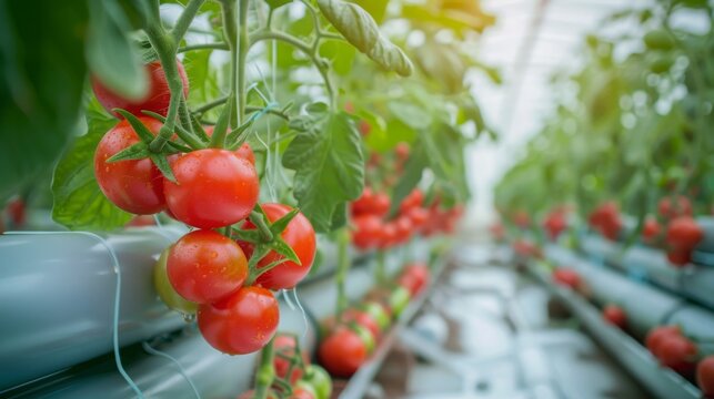 Red Cherry tomato ripe branches close up photo in modern Hydroponics Horticulture farm in daylight greenhouse. Advantages of modern hydroponics industry horticulture and indoor gardening concept.