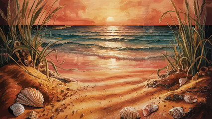 Enchanting Sunset Seashore: A Vintage-Inspired Oceanic Painting - obrazy, fototapety, plakaty