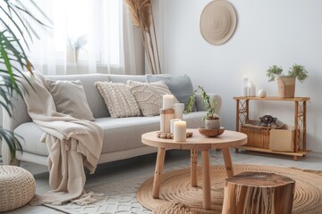 Cozy living room in boho style with a couch and a table with candles. Peaceful athmosphere in a light interior.