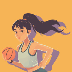 Sporty Girls playing basket ball Vector Cartoon Illustrations