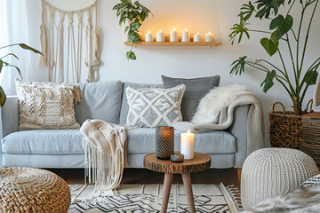 Cozy living room in boho style with a couch and a table with candles. Peaceful athmosphere in a light interior.