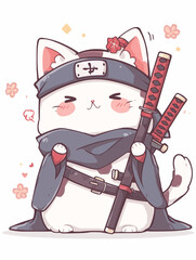 Cool Samurai Cat / Vintaged Japanese Samurai Cat Ninja Warrior with Katana Sword and Traditional Samurai Clothing	