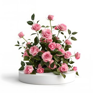 3D rendered podium display with pink rose bouquet, evoking a romantic and elegant atmosphere for various occasions.