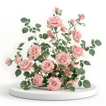 3D rendered podium display with pink rose bouquet, evoking a romantic and elegant atmosphere for various occasions.