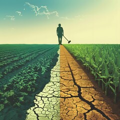 Contrasting illustration of a green and dry field, with a farmer standing in the middle, conveying the impact of climate change on agriculture. - obrazy, fototapety, plakaty