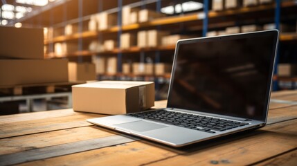 Laptop on a modern warehouse, symbolizing logistics and online shopping - obrazy, fototapety, plakaty