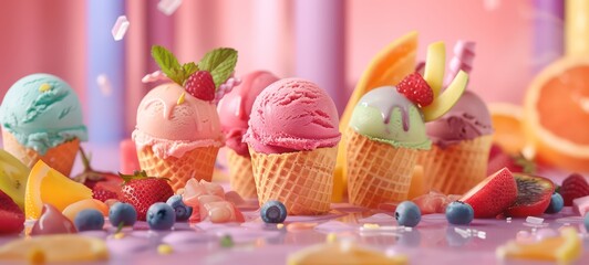 Ice cream in pastel colours served in wafers with a variety of fruits and toppings
