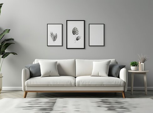 Modern living room interior with sofa and pictures on the wall, 3D rendering illustration of a home decor concept, grey color background