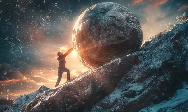 Businessman pushing huge stone up the hill. Business problem crisis hardship and burden concept. Cartoon Illustration.