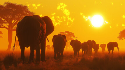 Una manada de elefantes se aleja en el atardecer