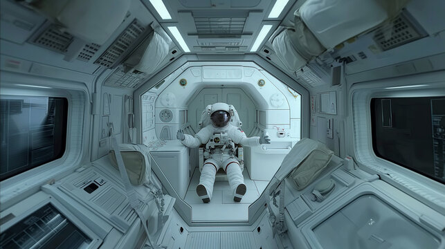 Pasillo del interior de una nave espacial, con un astronauta esperando el lanzamiento