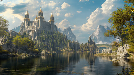 Vista general de un castillo ficticio rodeado de un bosque y un lago