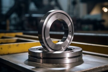 Detailed Focus on a Mechanical Thrust Washer Exhibiting its Industrial Charm in a Workshop Setting - obrazy, fototapety, plakaty