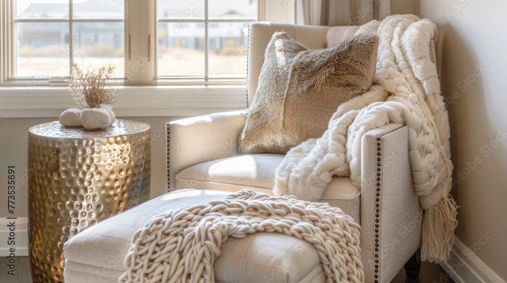 Poster a cozy reading nook designed in shades of cream and beige with pops of gold in the form of a metalli
